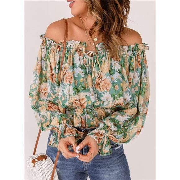 Green Floral Printed Off Shoulder Ruffle Babydoll Top Bishop Sleeve Blouse Top - Picture 2 of 6